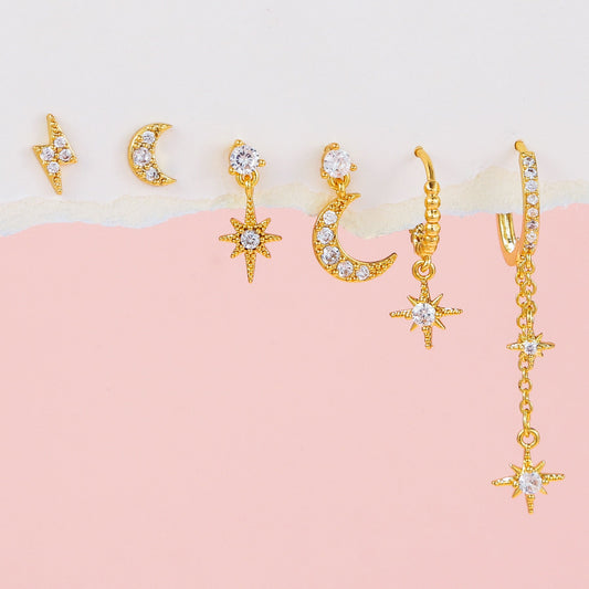 Stackable Star and Moon Tassel Earrings Set