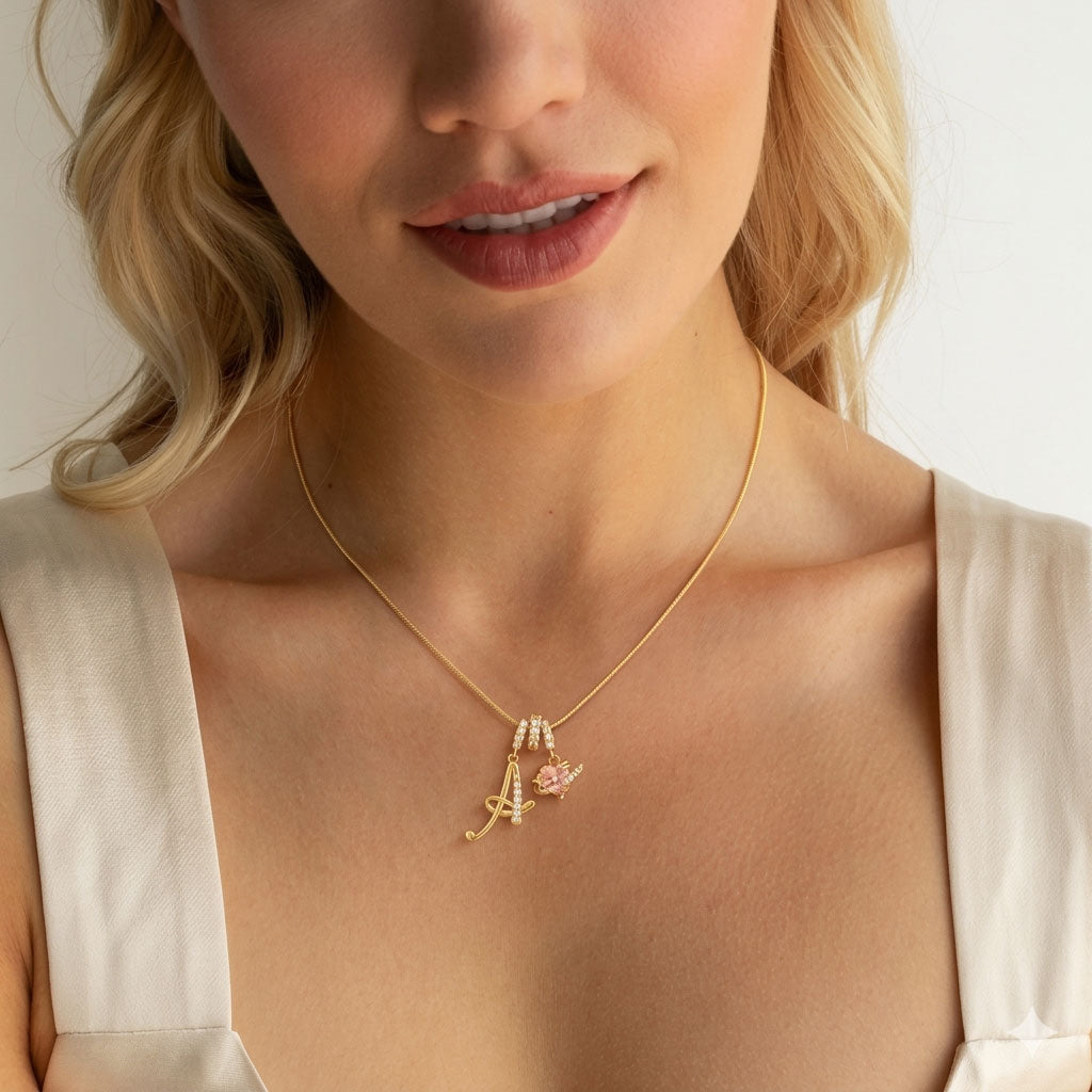 Initial & Heart Zircon Necklace – Gold