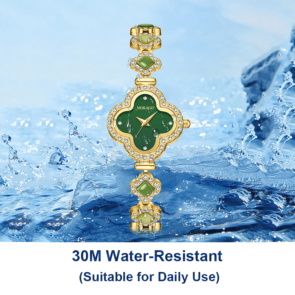Jade‑Decorated Clover Waterproof Watch