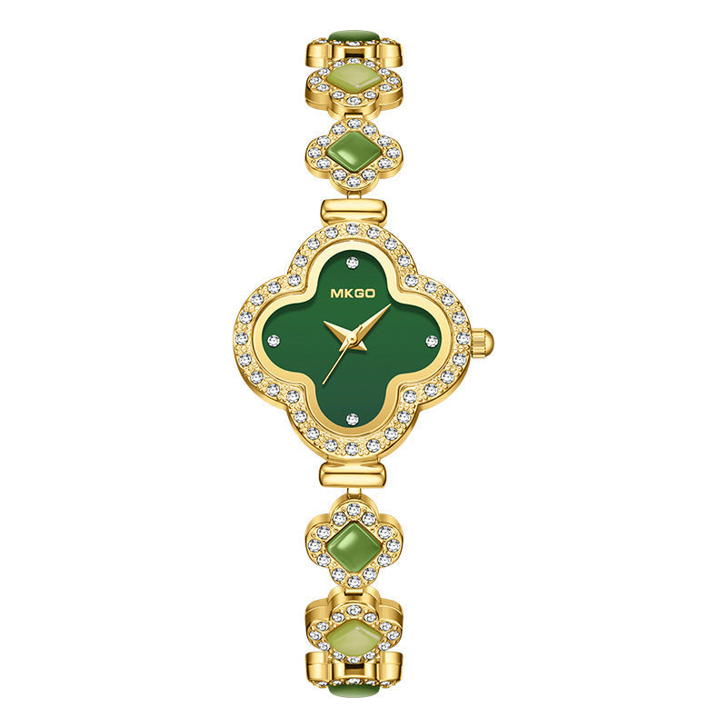 Jade‑Decorated Clover Waterproof Watch